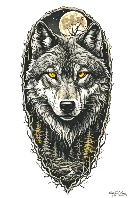 wolf with glowing yellow eyes. trees and moon surrounded tattoo design idea