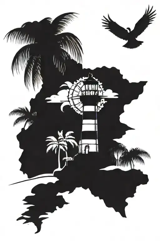 lower sleeve closure lighthouse compass palm tree tattoo design idea