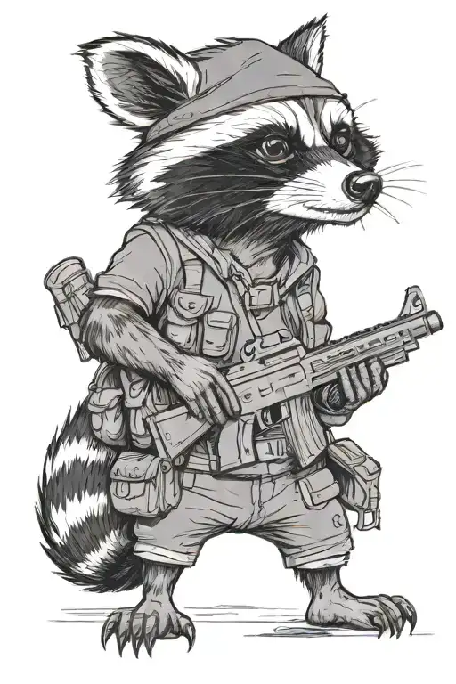 Create a blackwork tattoo sketch of a raccoon holding a gun, depicted in full body. The design should not be overly deta tattoo design idea