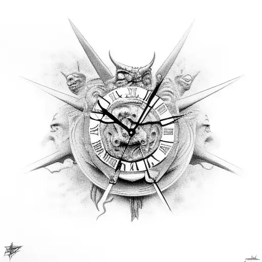 A surreal combination of a ferocious Jason from Greek mythology and a clock, representing the eternal struggle between fear and time. tattoo design idea