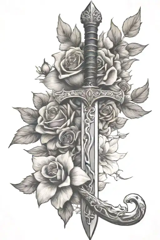 skyrim sword, flowers, rosas negras tattoo design idea