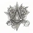 An intricate tattoo design symbolizing the mystery ,tattoo idea, about a assassins creed logo with floritures tattoo design idea