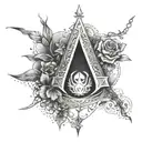 An intricate tattoo design symbolizing the mystery ,tattoo idea, about a assassins creed logo with floritures tattoo design idea