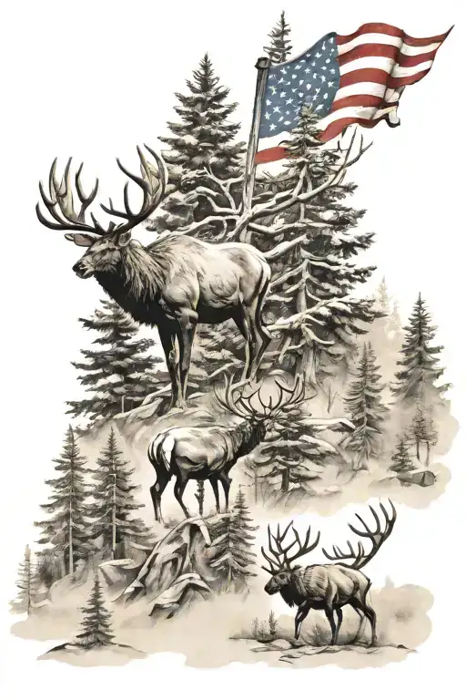 flag elk trees mountain  tattoo design idea