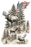 flag elk trees mountain  tattoo design idea