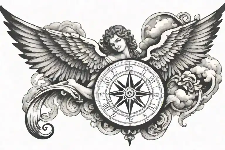 angel wing, angel statue and compass rose, all with clouds in the background tattoo design idea