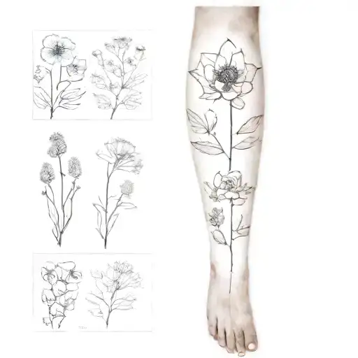 A sleeve tattoo featuring the birth flowers of February, March, April, May, September, and November in a dotwork style tattoo design idea