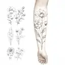 A sleeve tattoo featuring the birth flowers of February, March, April, May, September, and November in a dotwork style tattoo design idea