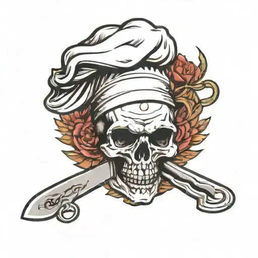 A traditional style tattoo of a misfits skull with a chef's knife and fork crossed behind it tattoo design idea