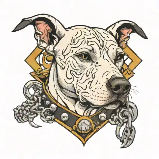 A neotraditional tattoo of a dogo argentino wearing a spiked collar and surrounded by punk rock symbols like safety pins and chains tattoo design idea