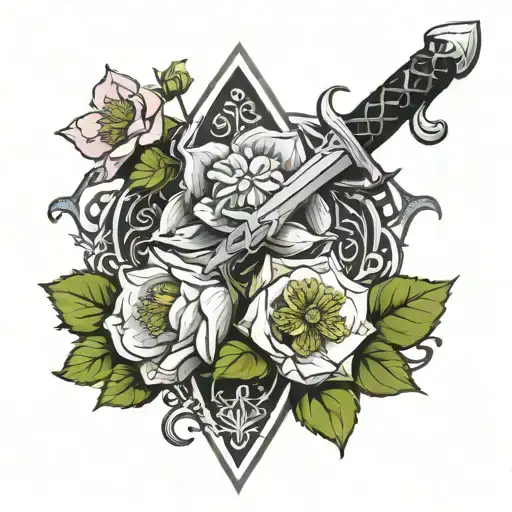 Hellebore wrapping around a geralt of rivia’s sword with Witcher symbols in background  tattoo design idea