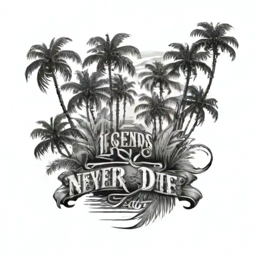 black and gray forearm sleeve tattoo with the phrase legends never die and at the top end some palm trees tattoo design idea