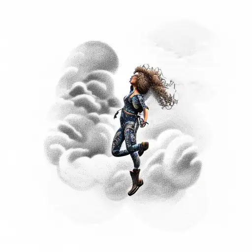 a tattoo of a girl with curly hair skydiving with a parachute made of clouds." tattoo design idea