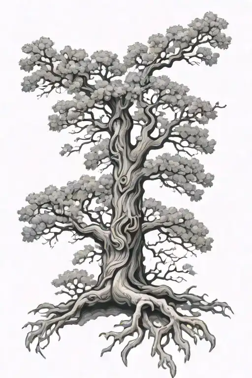 oak tree with crown adorned with Stephanie etched in bark tattoo design idea