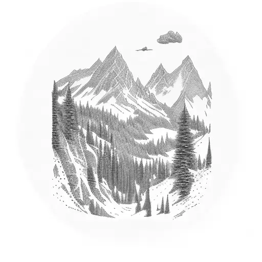 A winding road leading up into a majestic mountain landscape tattoo design idea