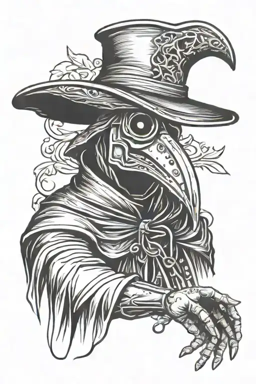 medieval plague doctor with spanish hat on. Holds out his open hand as if he wanted cast spell on you, fingers spread  tattoo design idea