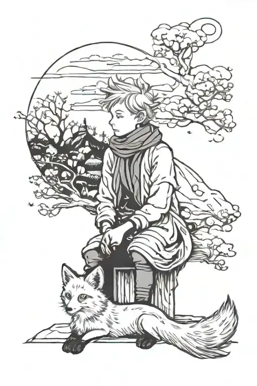 Little prince sitting with scarf in the wind and fox next to him, minimalist landscape tattoo design idea