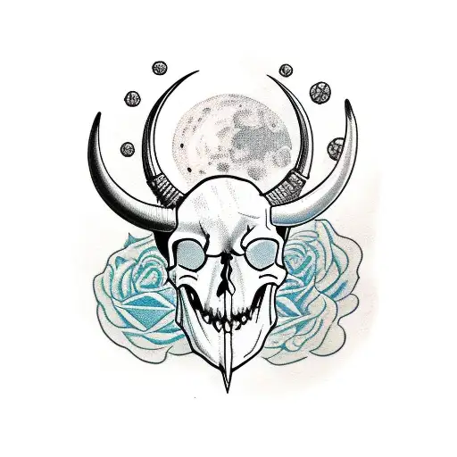 Steer skull with moon and sirtars tattoo design idea