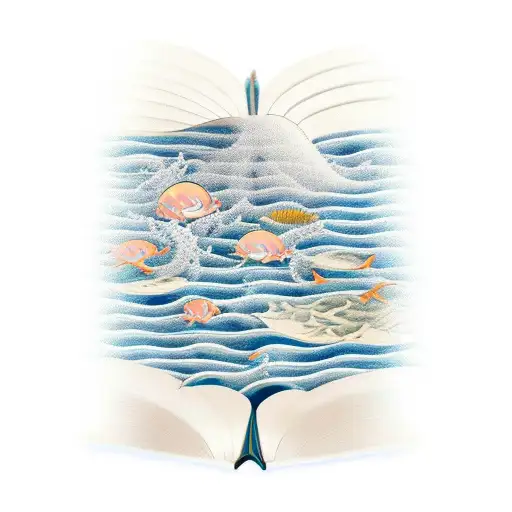An open book with pages made of waves, representing the journalist's love for both knowledge and the sea tattoo design idea