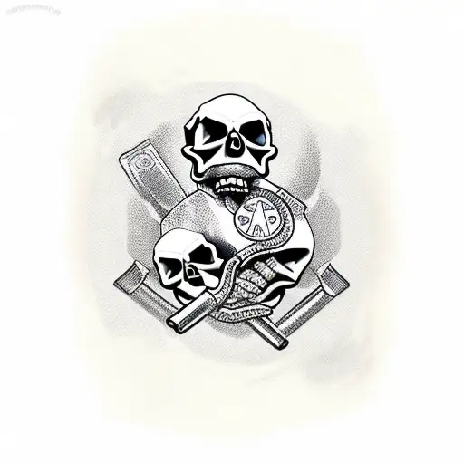 Skull with money and bullets tattoo design idea