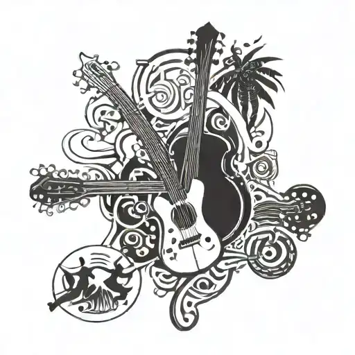 Create a black-grey tattoo of friends at a music festival, with each friend represented by a different musical instrument tattoo design idea