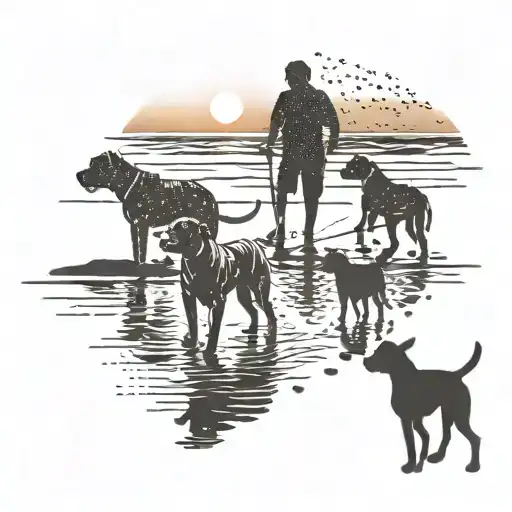 silhouette of 4 boxer dogs walking into the sunset with owner on a beach  tattoo design idea