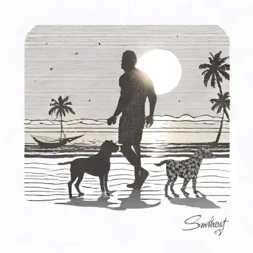 silhouette of 4 boxer dogs walking into the sunset with owner on a tropical beach, black and white with colourful sun  tattoo design idea