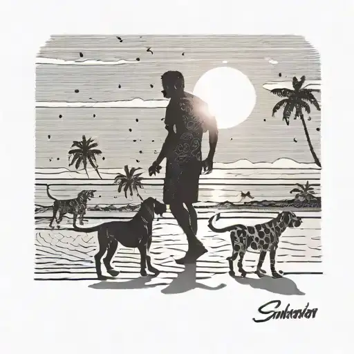silhouette of 4 boxer dogs walking into the sunset with owner on a tropical beach, black and white with colourful sun  tattoo design idea