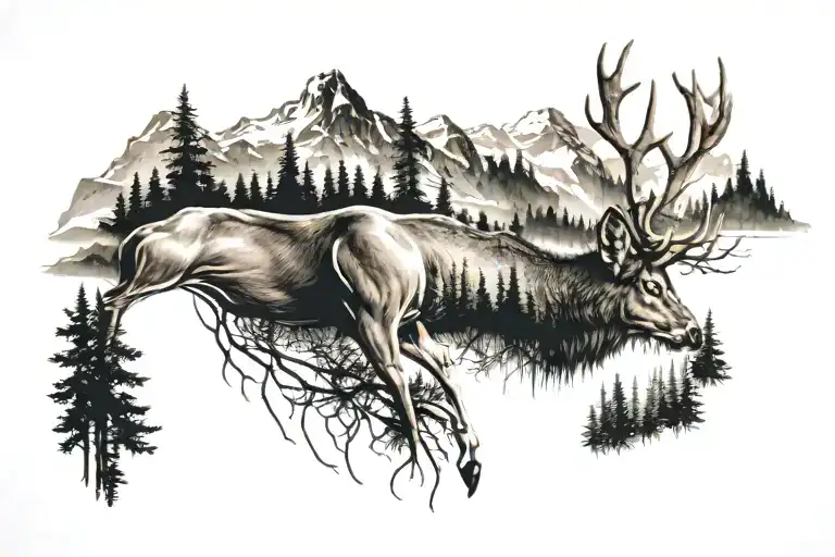 deer in forest with mountains  tattoo design idea