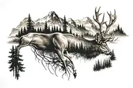 deer in forest with mountains  tattoo design idea