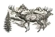 deer in forest with mountains  tattoo design idea
