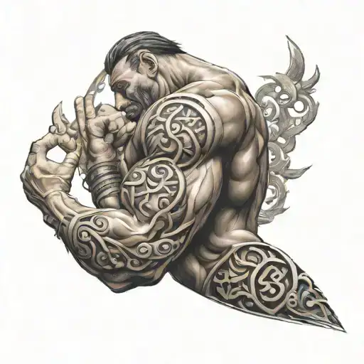 A muscular arm flexing with intricate Hindu symbols intertwined in the muscles tattoo design idea