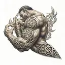 A muscular arm flexing with intricate Hindu symbols intertwined in the muscles tattoo design idea