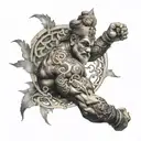 A muscular arm flexing with intricate Hindu symbols intertwined in the muscles tattoo design idea