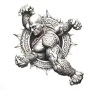 A muscular arm flexing with intricate Hindu symbols intertwined in the muscles tattoo design idea