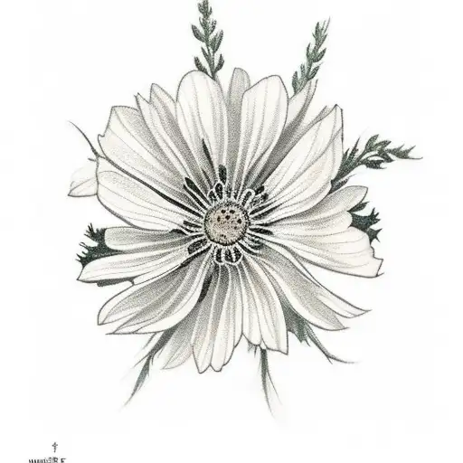 bouquet of flowers with holly, cosmos and aster tattoo design idea