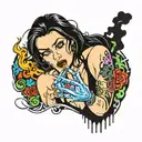 Sexy Gothic Woman with facial piercings straight black hair lit smoking cigarette in mouth lots of cleavage  tattoo design idea