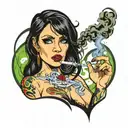 Sexy Gothic Woman with facial piercings straight black hair lit smoking cigarette in mouth lots of cleavage  tattoo design idea