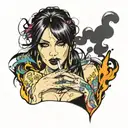 Sexy Gothic Woman with facial piercings straight black hair lit smoking cigarette in mouth lots of cleavage  tattoo design idea