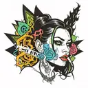 Sexy Gothic Woman with facial piercings straight black hair lit smoking cigarette in mouth lots of cleavage  tattoo design idea