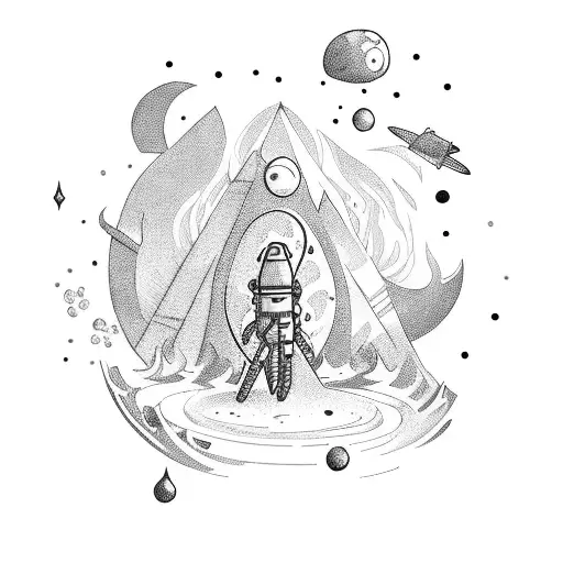 A campfire scene with a sci-fi twist, incorporating elements of space exploration tattoo design idea