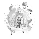 A campfire scene with a sci-fi twist, incorporating elements of space exploration tattoo design idea