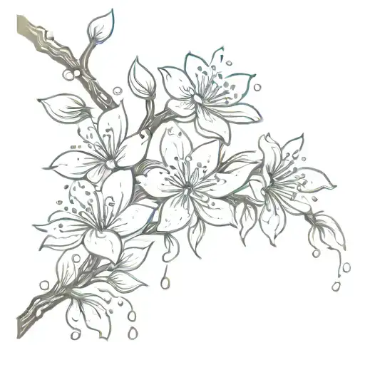 An abstract representation of software code forming a cherry blossom branch, with water droplets cascading down tattoo design idea