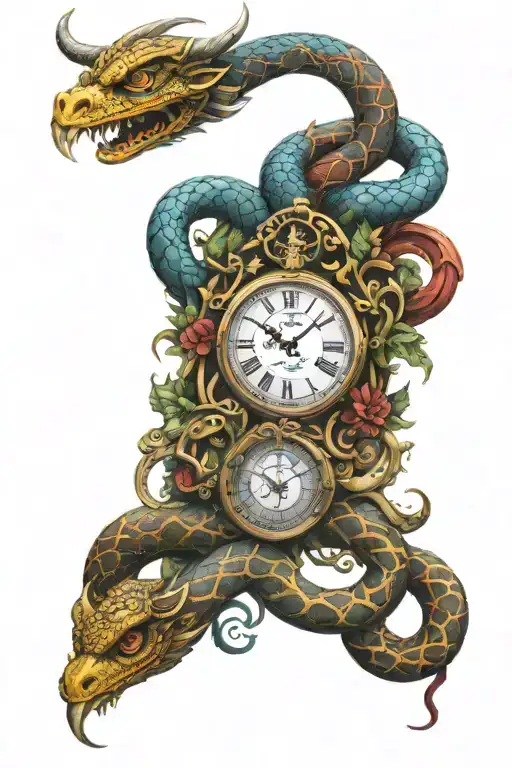 viking  clock snake tattoo design idea