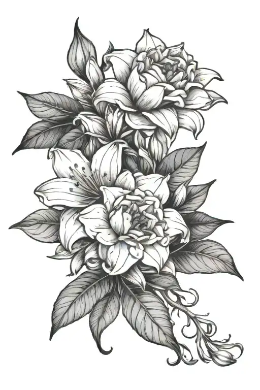 gardenia flower and lily flower and calendula flower bouquet  tattoo design idea