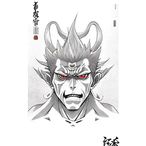 A mesmerizing portrait of Sukuna from Jujutsu Kaisen, showcasing his sinister and powerful presence. tattoo design idea