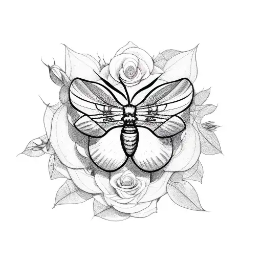 moth with roses and vines tattoo design idea