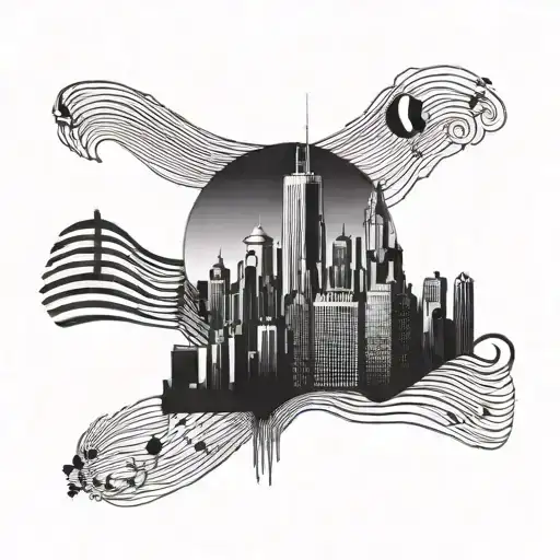 A geometric interpretation of a chill music wave transforming into skyscrapers of Manhattan, representing the client's love for both music and the city tattoo design idea