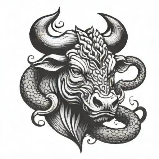 bull head with snake coiling around the horn tattoo design idea