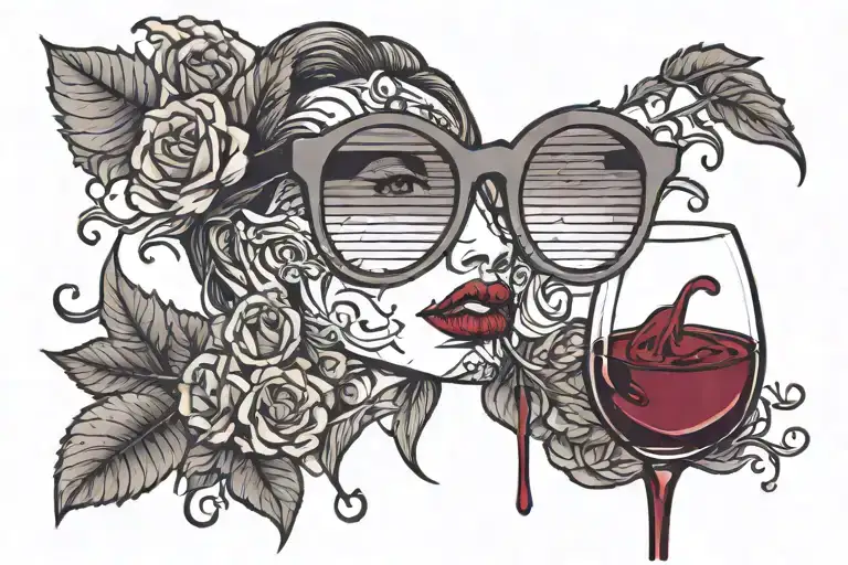 spilled red wine glass, large sunglasses and maroon lipstick  tattoo design idea